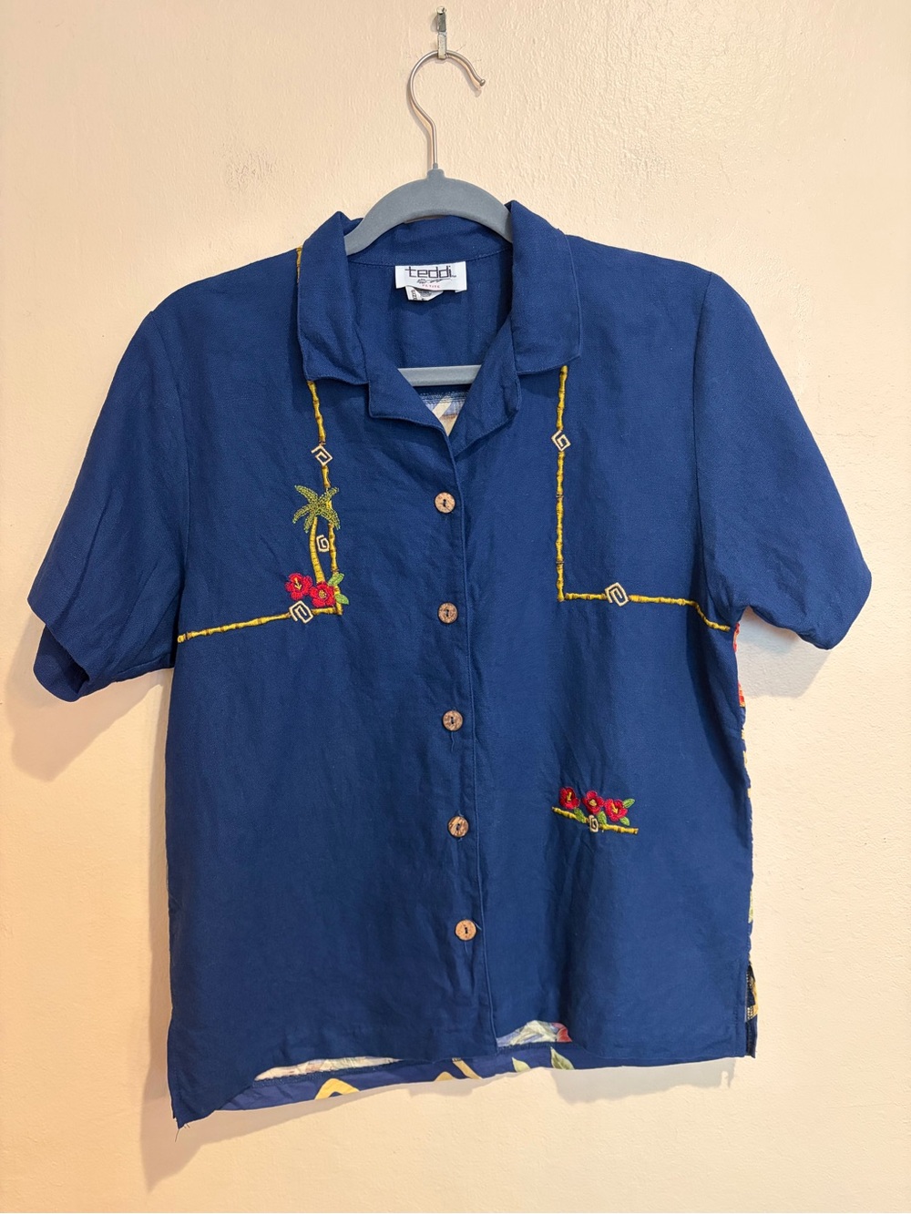 Vintage Teddi Navy Partial Linen Button Up Palm Tree Shirt, size Petite Small